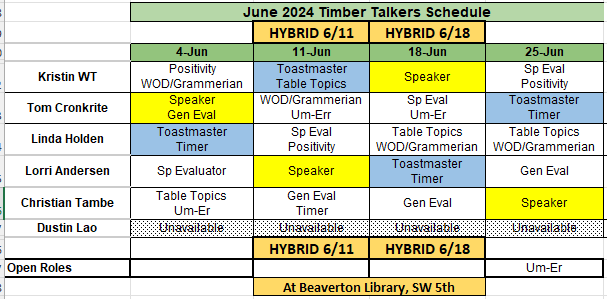 Beaverton Toastmasters, Beaverton Oregon June 2024 schedule